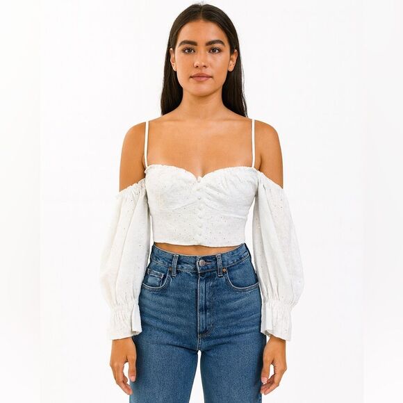 Zara White Eyelet Milkmaid Coastal Cowgirl Crop Top, Small - Picture 10 of 10